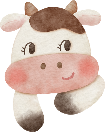 Watercolor cute cartoon cow face for farm animal